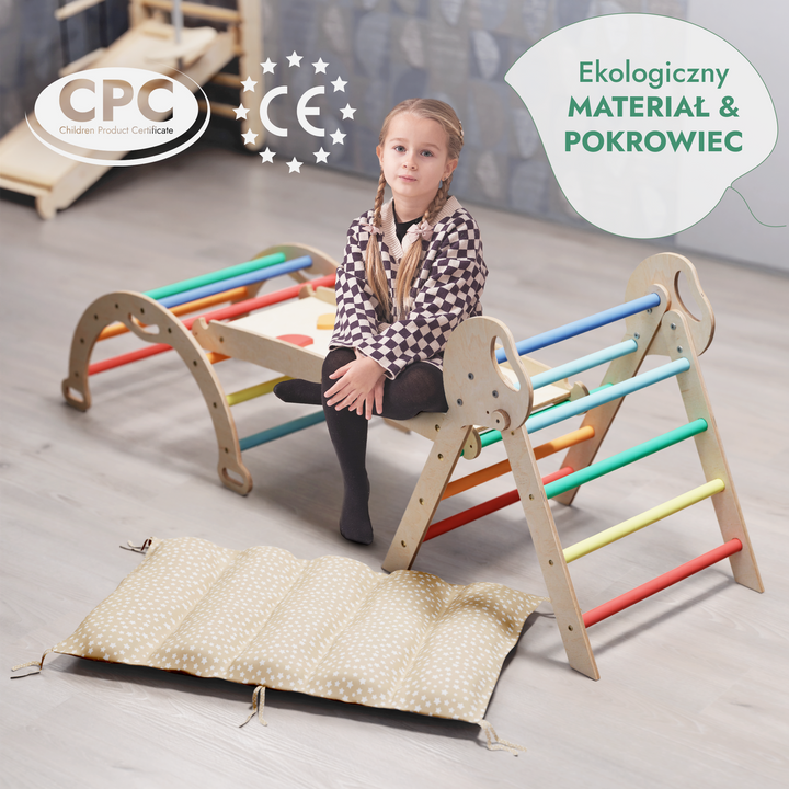 4w1 Zestaw Wspinaczkowy Montessori dla Dzieci: Drabinka Pikler + Bujak /łuk wspinaczkowy + Zjeżdżalnia + poduszka (1-3 lata) - Tęcza