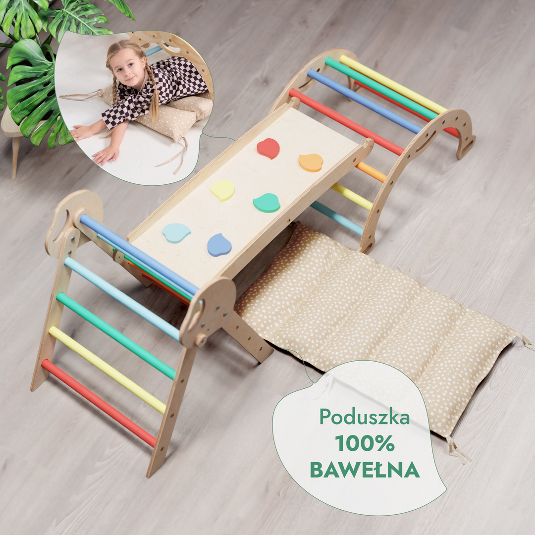 4w1 Zestaw Wspinaczkowy Montessori dla Dzieci: Drabinka Pikler + Bujak /łuk wspinaczkowy + Zjeżdżalnia + poduszka (1-3 lata) - Tęcza