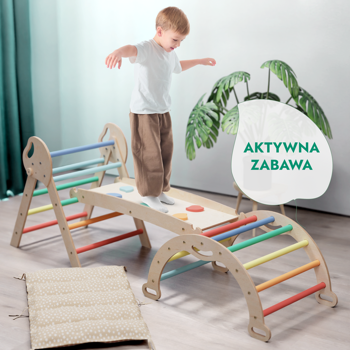 4w1 Zestaw Wspinaczkowy Montessori dla Dzieci: Drabinka Pikler + Bujak /łuk wspinaczkowy + Zjeżdżalnia + poduszka (1-3 lata) - Tęcza
