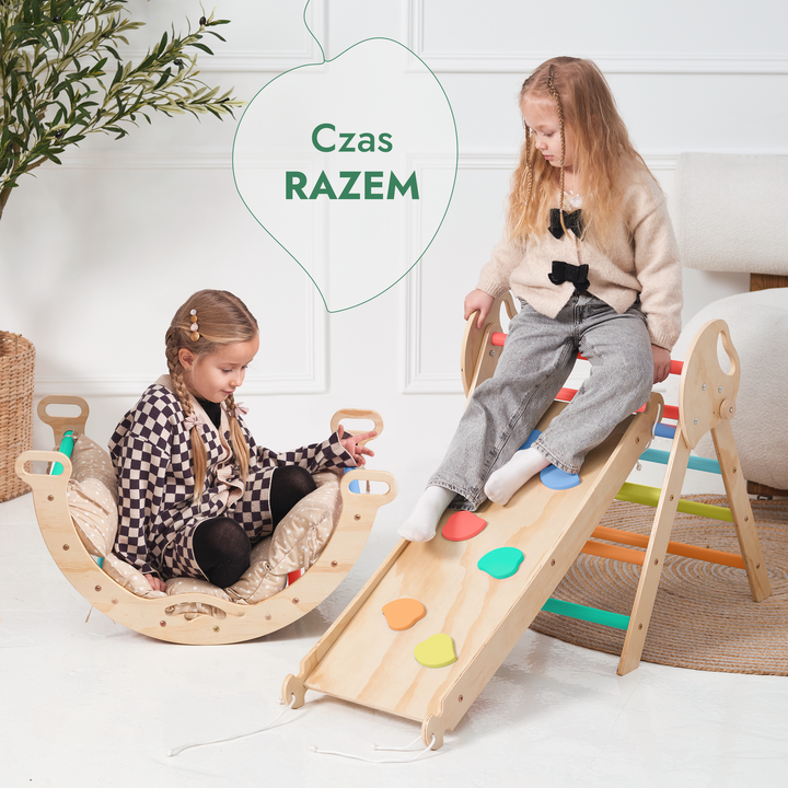 4w1 Zestaw Wspinaczkowy Montessori dla Dzieci: Drabinka Pikler + Bujak /łuk wspinaczkowy + Zjeżdżalnia + poduszka (1-3 lata) - Tęcza