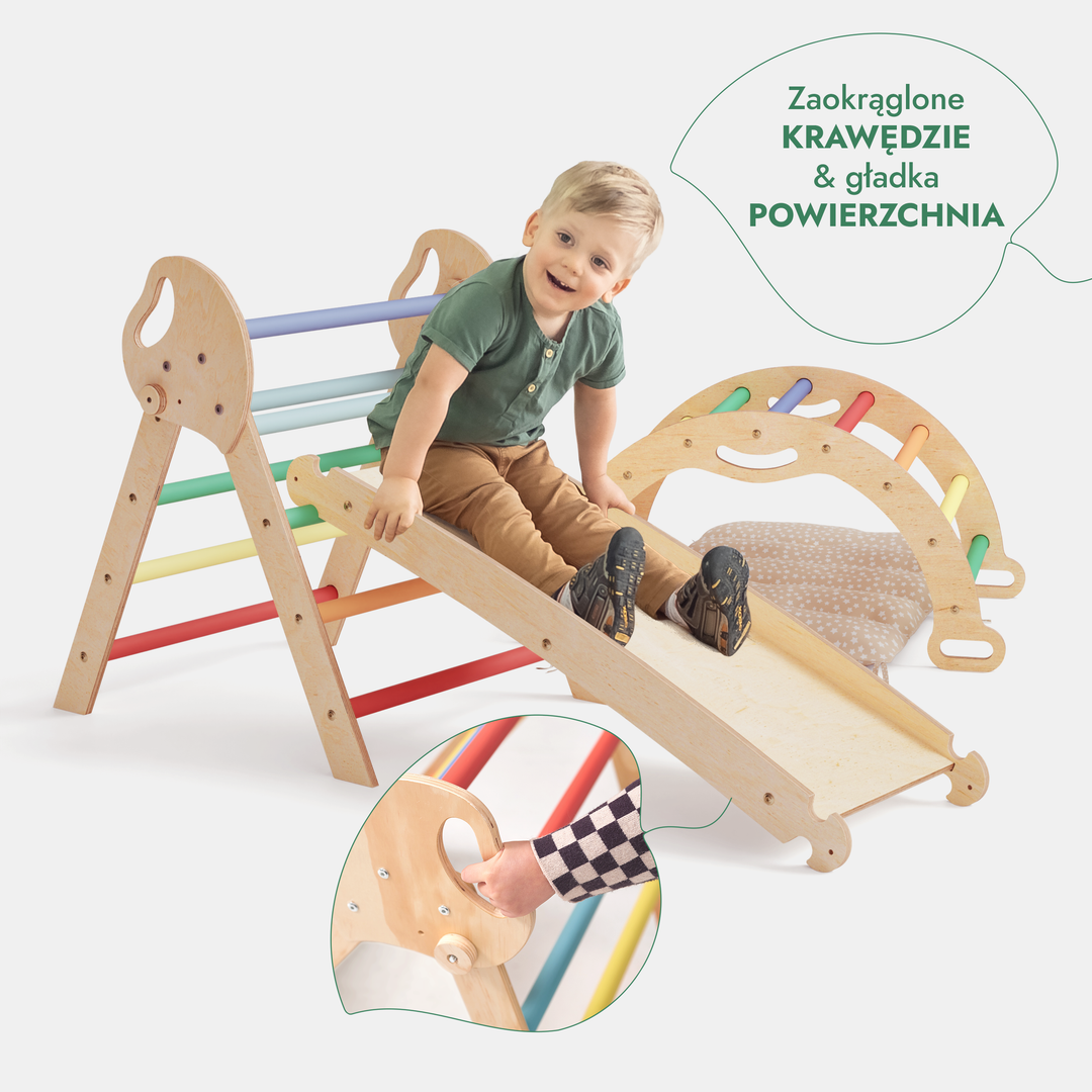 4w1 Zestaw Wspinaczkowy Montessori dla Dzieci: Drabinka Pikler + Bujak /łuk wspinaczkowy + Zjeżdżalnia + poduszka (1-3 lata) - Tęcza