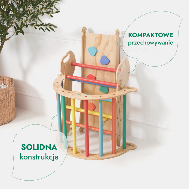 4w1 Zestaw Wspinaczkowy Montessori dla Dzieci: Drabinka Pikler + Bujak /łuk wspinaczkowy + Zjeżdżalnia + poduszka (1-3 lata) - Tęcza