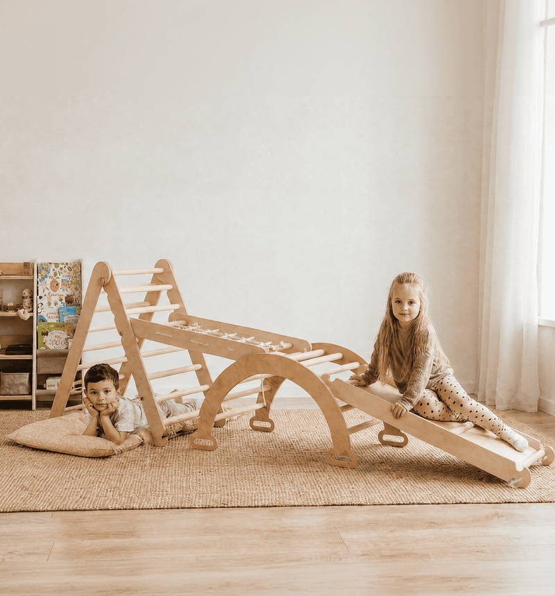 Zestaw wspinaczkowy Montessori 4 w 1: Trójkątna drabinka + łuk wspinaczkowy + zjeżdżalnia + siatka
