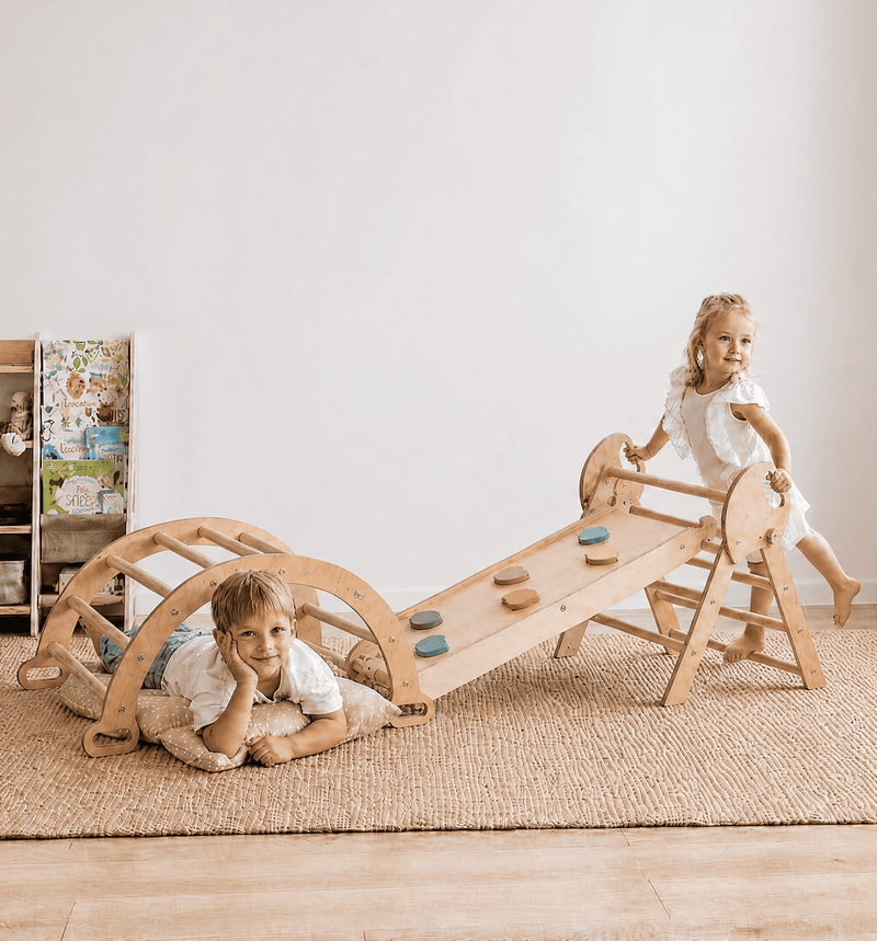 4w1 Montessori Zestaw Wspinaczkowy dla Dzieci: Trójkąt Pikler + Łuk Wspinaczkowy + Zjeżdżalnia + Poduszka – Kość słoniowa (1–3 lata)